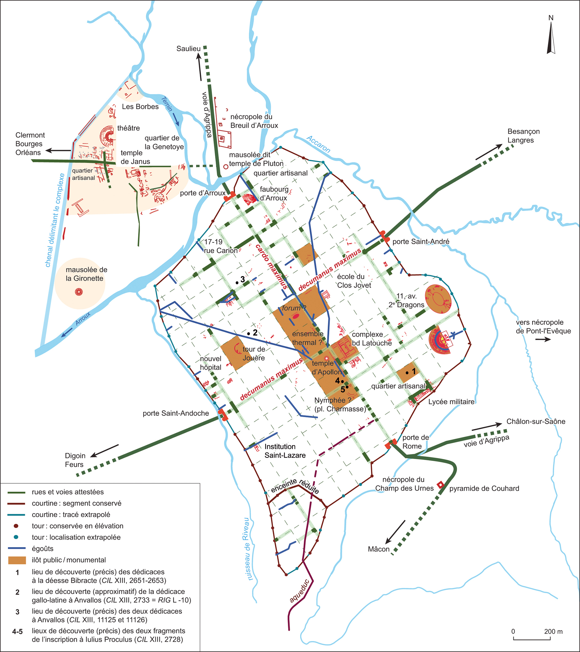 Fig. 3 – Augustodunum et son suburbium proche, plan cumulatif des découvertes avec mention des indices d’occupation d’époque julio-claudienne